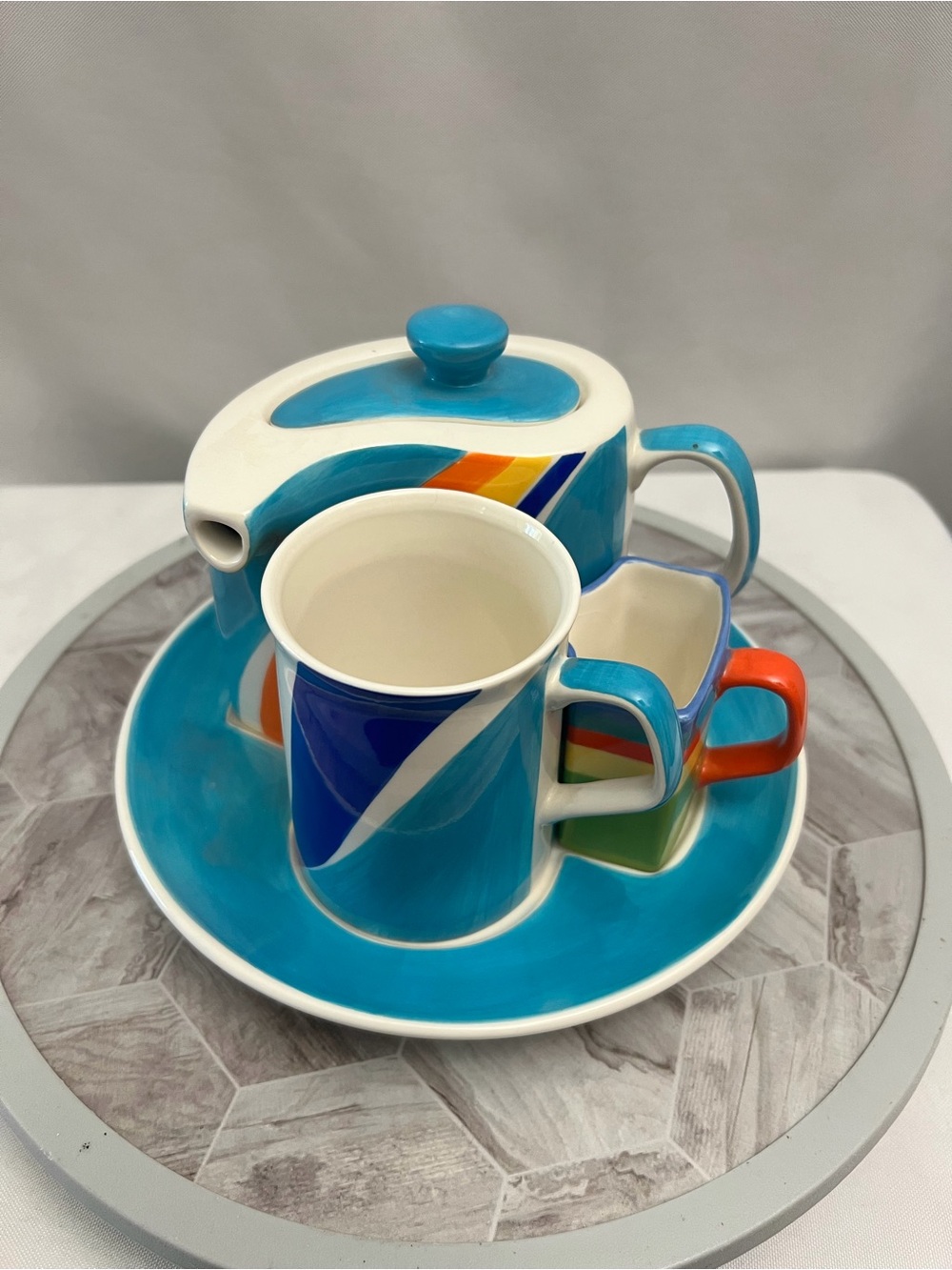 Hues N Brews 4 Pc Tea Set Teapot Cup Creamer Tray Colorful Abstract Ceramic